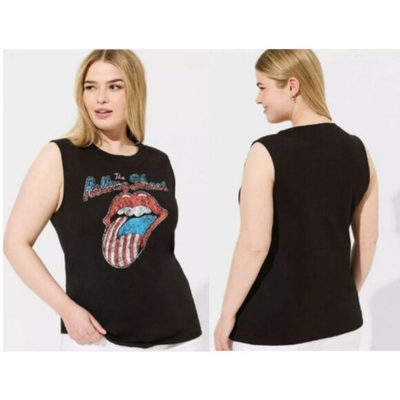 The Rolling Stones Women's Cropped Tank Top American Flag Logo Graphic Black 2X - Picture 1 of 10